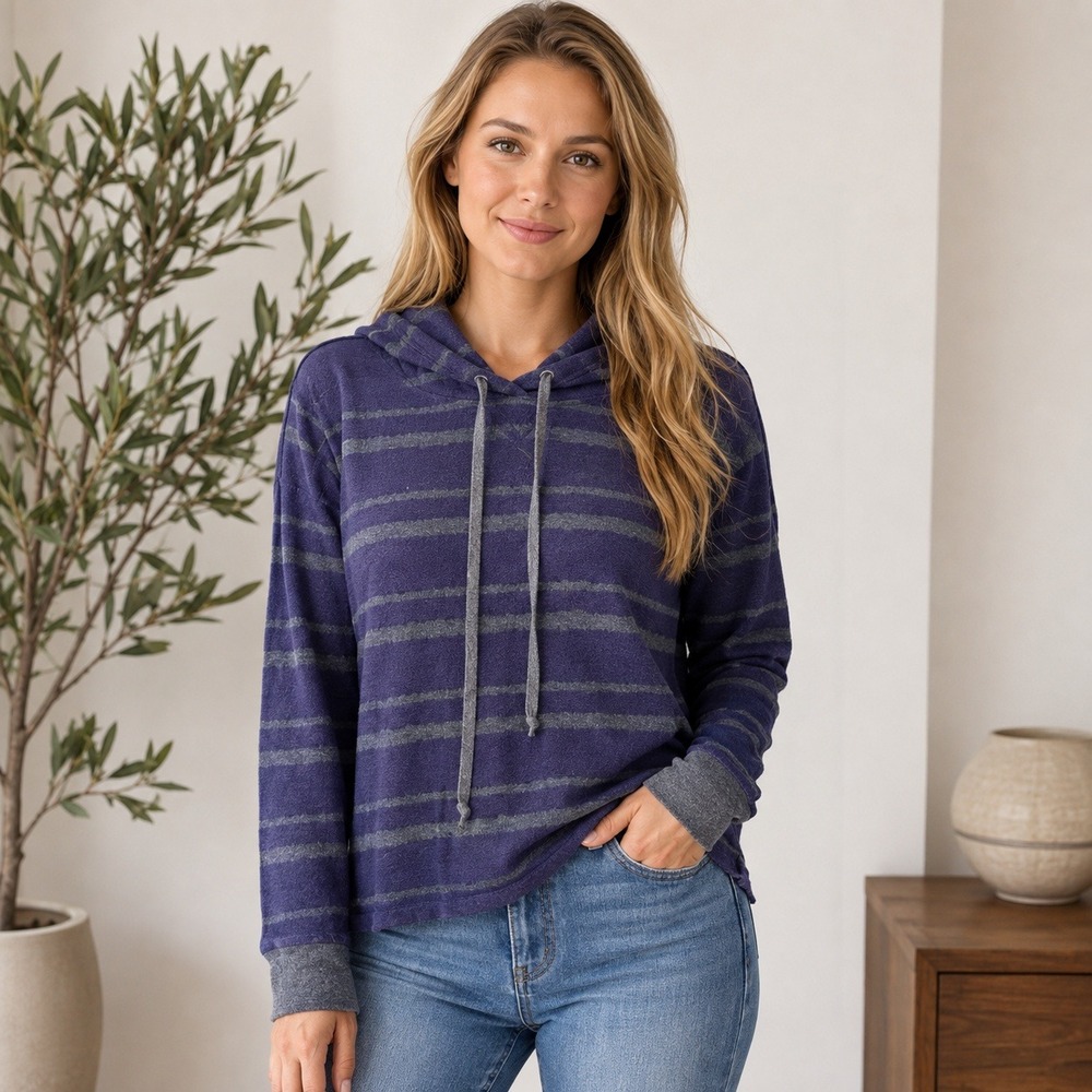 Michael Stars Striped‎ Hooded Pullover Top Blue Gray XS Cotton Blend Made USA